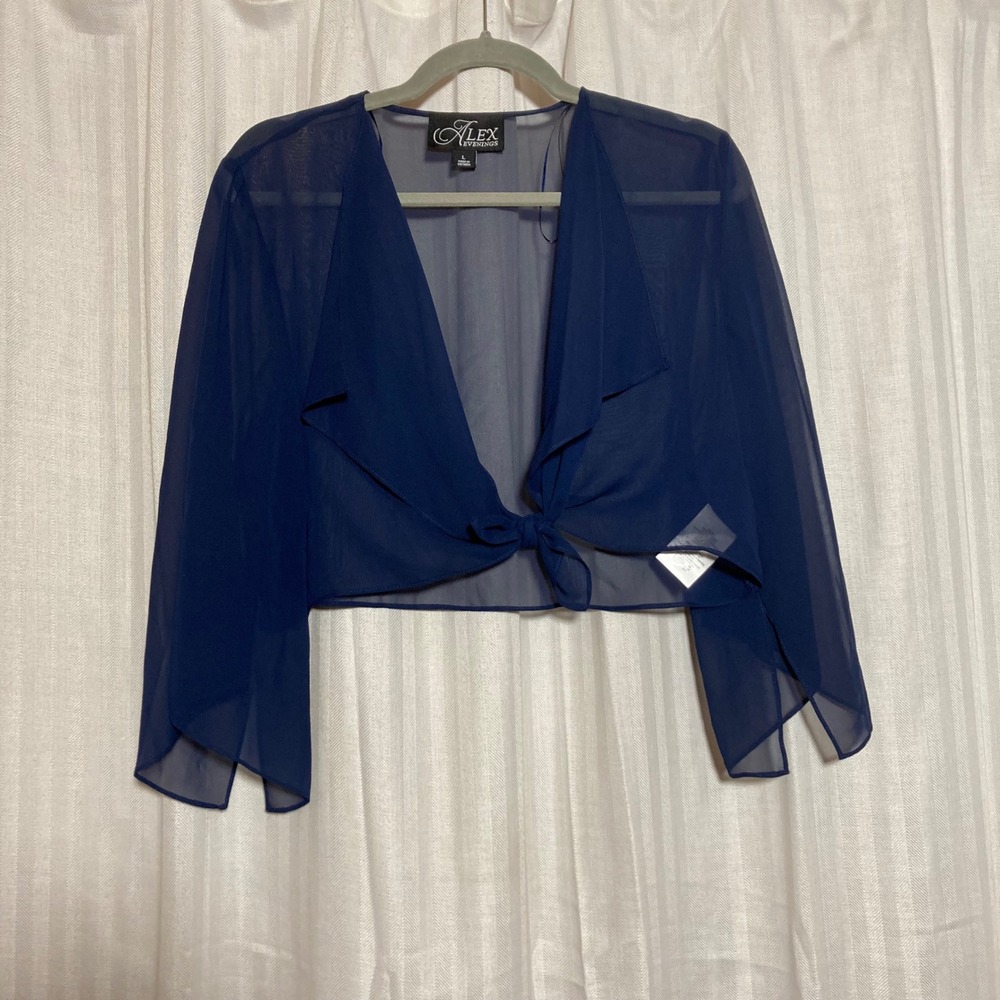 Alex Evenings Navy Blue Chiffon Front Tie Bolero Shrug L Romantic Y2K Balletcore